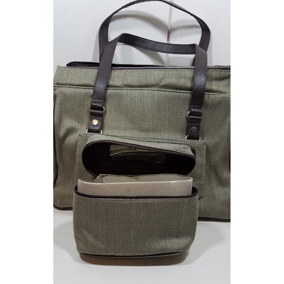 Bath Body Works Tote Khaki Green Tweed Herringbone Travel Bag Luggage Weekender - Picture 8 of 9